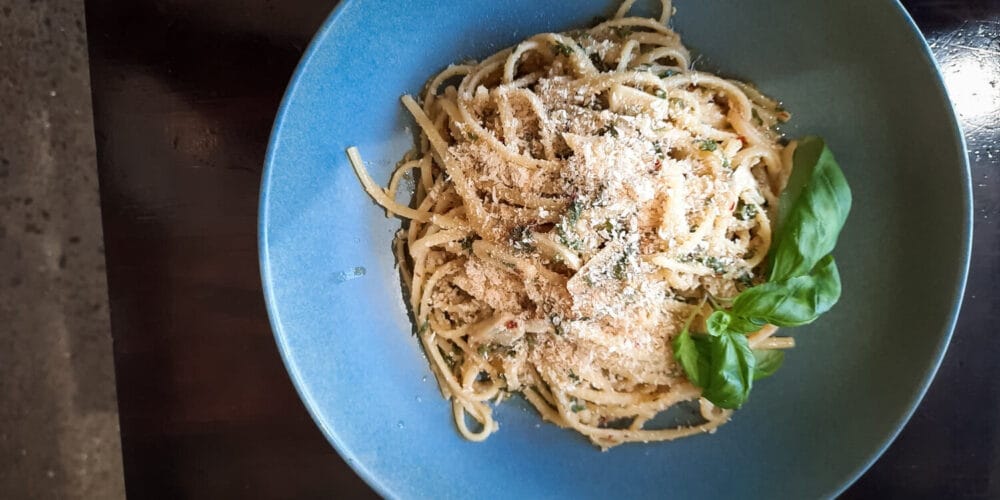 Sandy Linguine with garlic, chilli, anchovies and bread crumbs