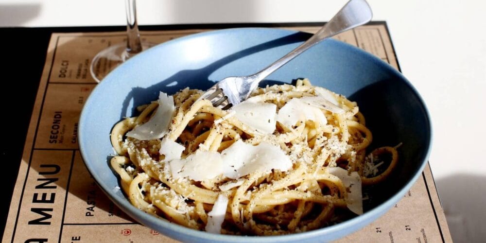 Spaghetti Cacio e pepe with black pepper, butter and pecorino cheese