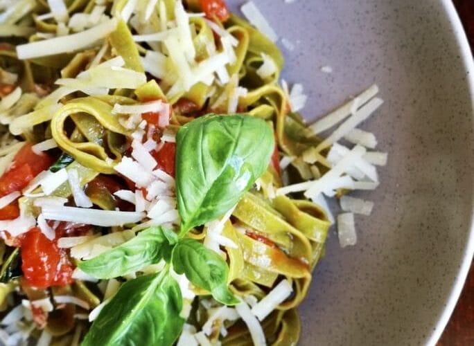 De Cecco egg and spinach tagliatelle with Rega San Marzano tomatoes, basil and Pecorino Romano.