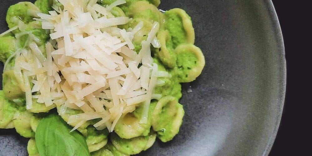 Orecchiette De Cecco with Pea Pesto and Pecorino Bianco Sardo