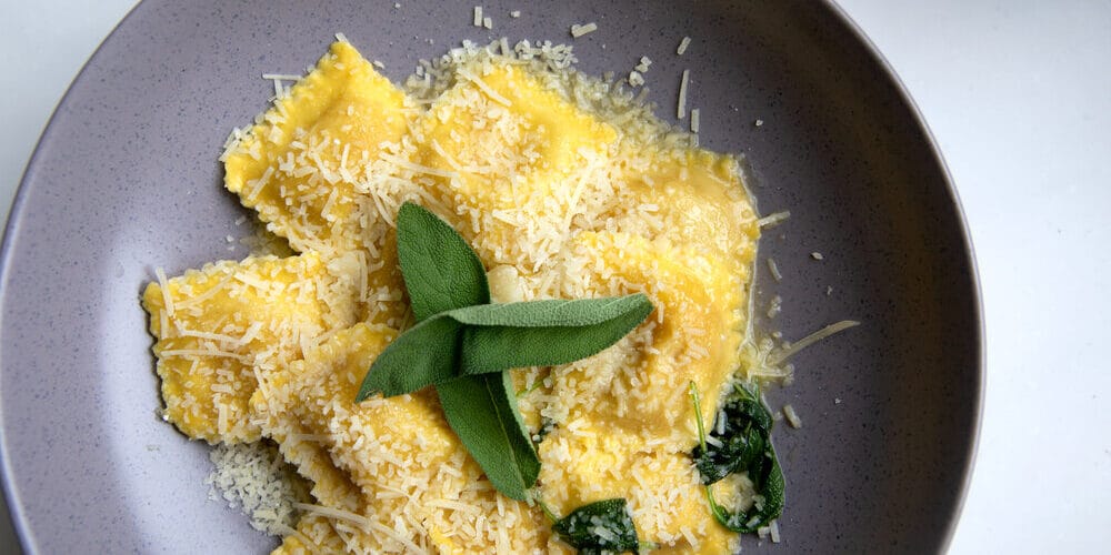 Bertagni Pumpkin ravioli with butter and sage