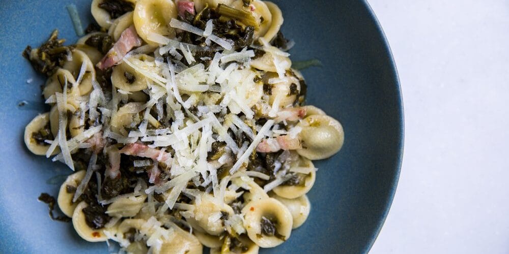 Orecchiette De Cecco with “Friarielli” turnips tops, pancetta and Pecorino Bianco Sardo