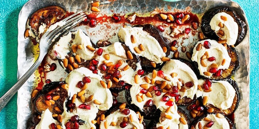 Aubergine Slices with pomegranate, yoghurt and tahini