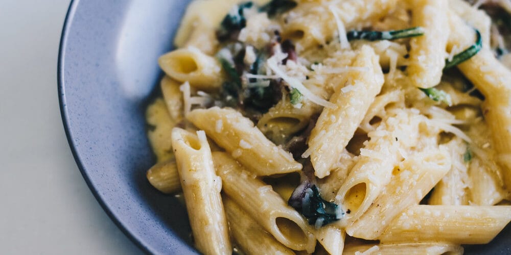 Pennoni Rigati De Cecco with Speck, Smoked Caciocavallo and Baby Spinach