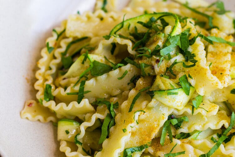 Mafaldine De Cecco with Zucchini, Bottarga (cured and grated mullet roe) and Lemon Zest
