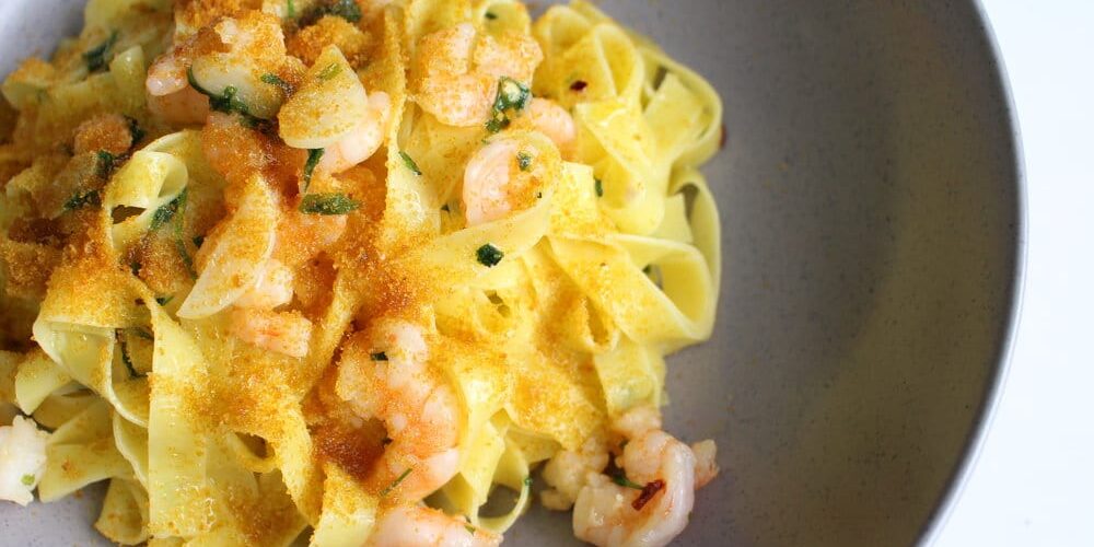 De Cecco egg fettuccine with oil, garlic, chilli, shrimps and Sardinian bottarga