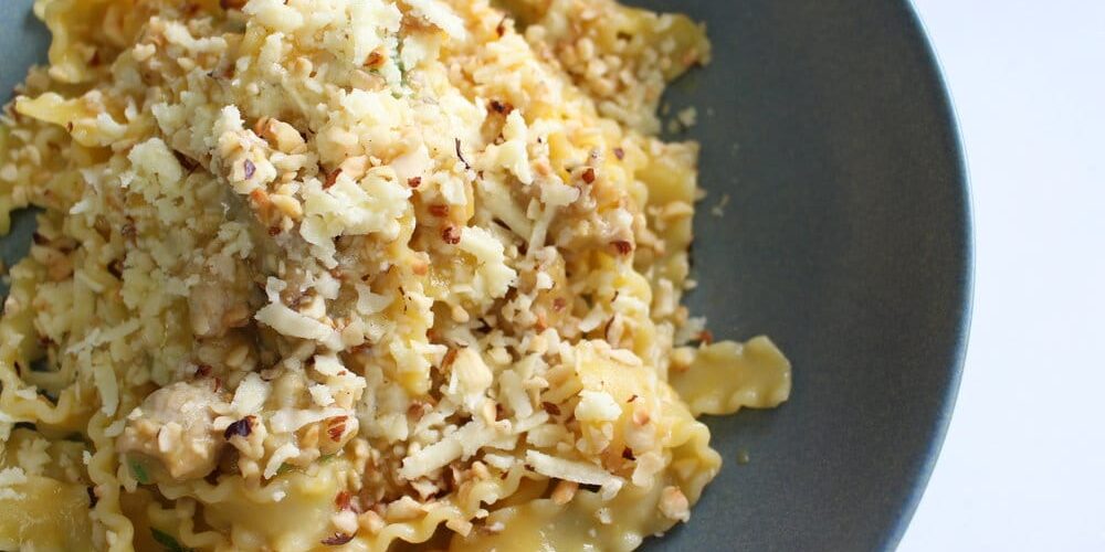 De Cecco mafaldine with pumpkin, sausage, castelmagno cheese & hazelnut crumbs