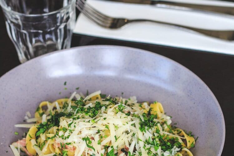 Fettuccine Abbruzzesi with Pasta De Cecco egg fettuccine with pancetta and pecorino