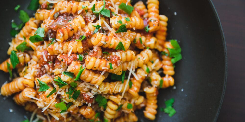 Fusilli Bucati Artisan De Cecco “Boscaiola” with porcini mushrooms and tomato