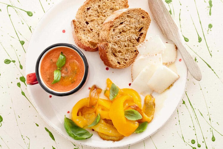 Cherry Tomato Gazpacho with roasted marinated capsicum and Sardinian Goat’s cheese