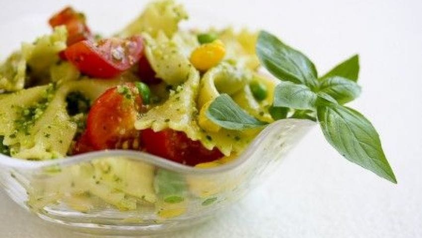 Farfalle pasta salad with buffalo mozzarella, tomato and pesto