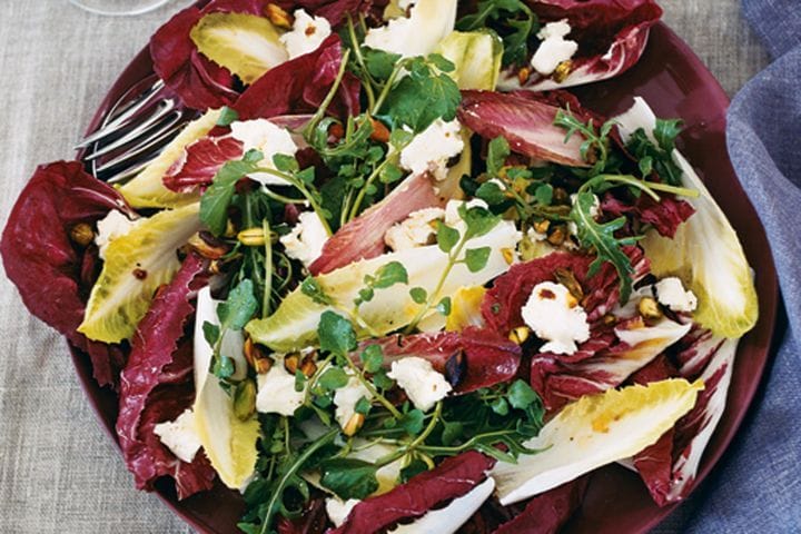 Salad with witlof, rocket, Sardinian goat’s cheef, Bresaola and apple