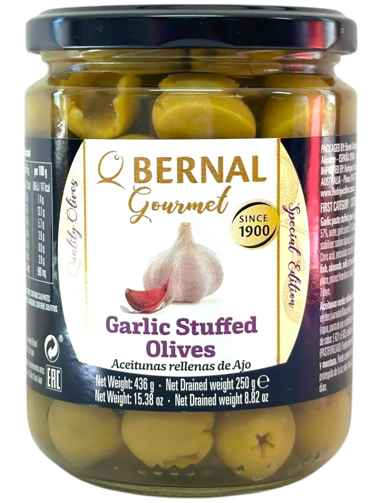 Garlic Stuffed Olives 436g - BERNAL